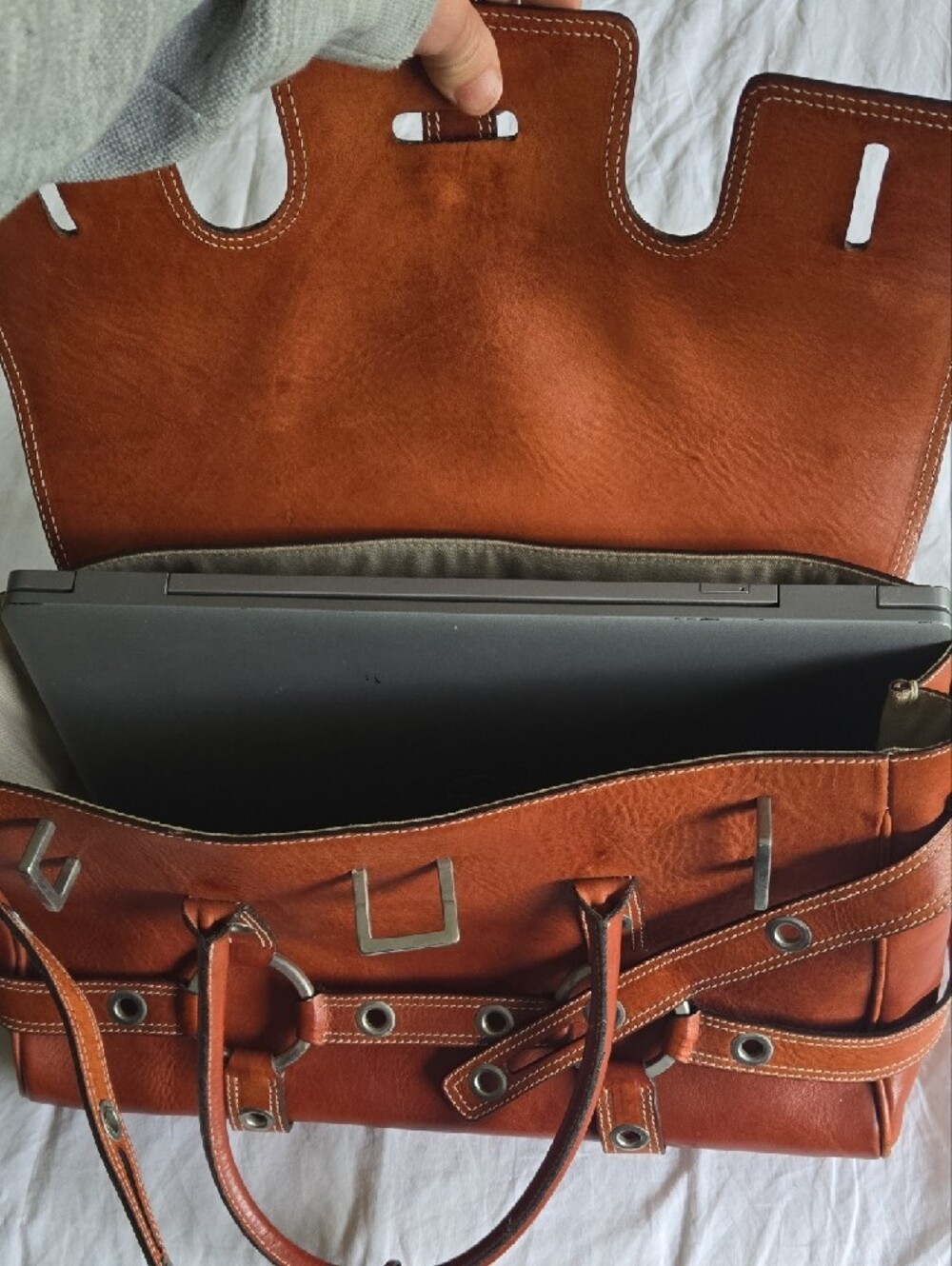 Vintage Luella Cognac Brown Leather Ring-Accent Satchel - Picture 10 of 10
